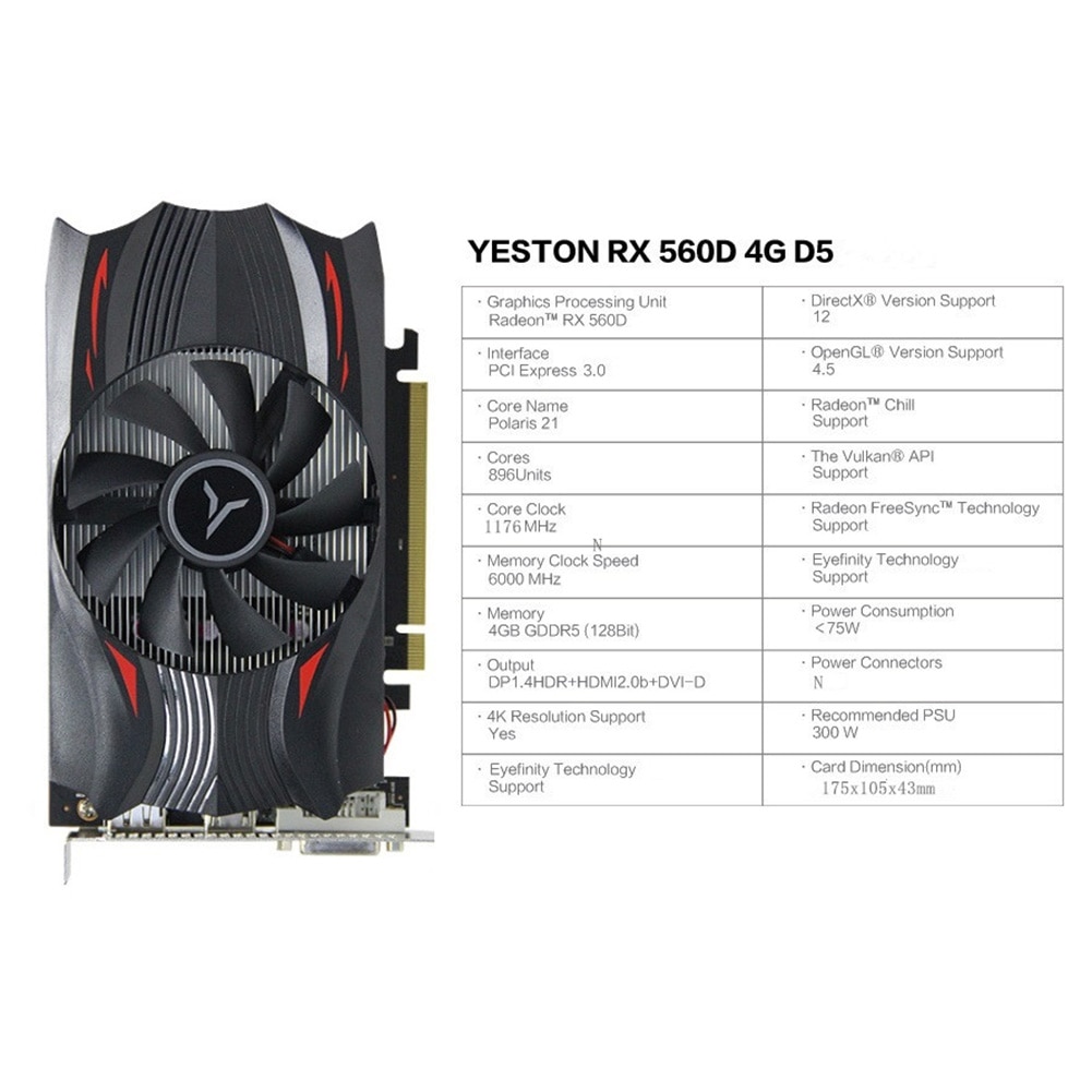 Yeston RX560D-4G D5 Extreme Speed Edition GPU Fan Graphics Card 1176/6000MHz 4G 128bit GDDR5 Gaming Video Player Module