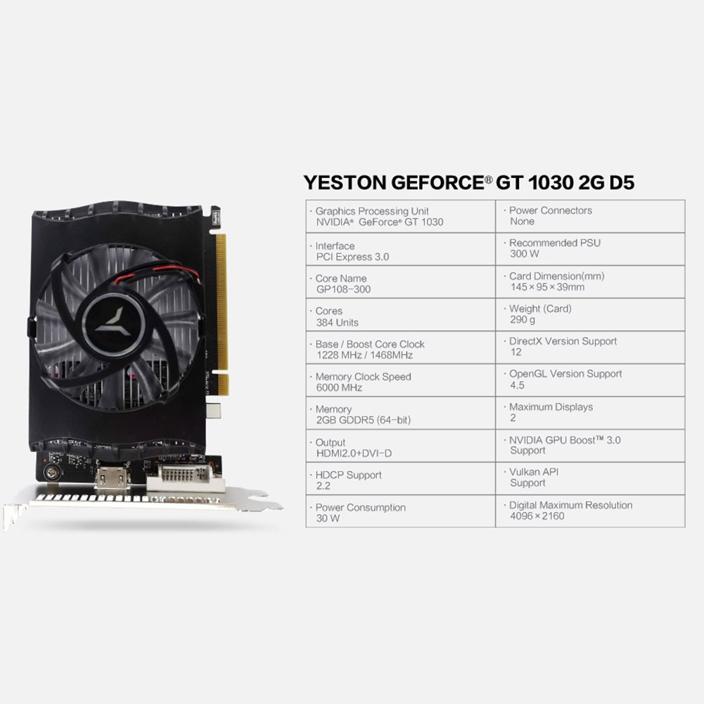 Yeston GT 1030 Graphics Card GT1030 2GB GDDR5 64Bit HDMI DVI-D Single Fan Video Card GPU for Desktop PC for Windows7/8/10